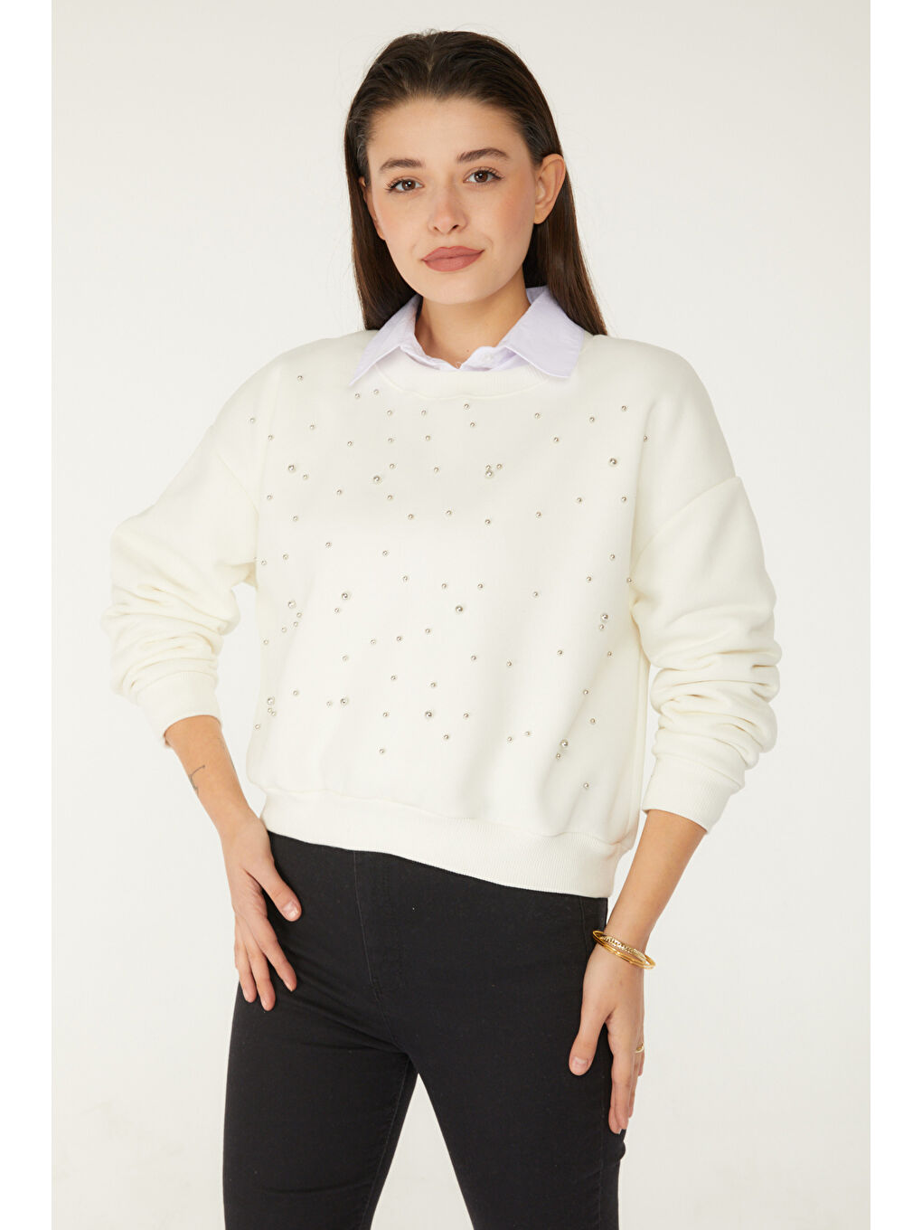 Boncuklu Sweatshirt Beyaz - 26541-3