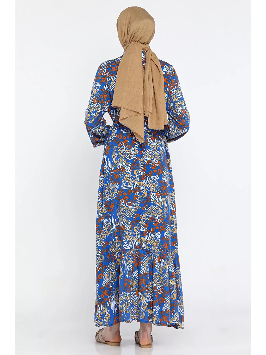 Turuncu Kuşaklı Desenli Tesettür Elbise-4