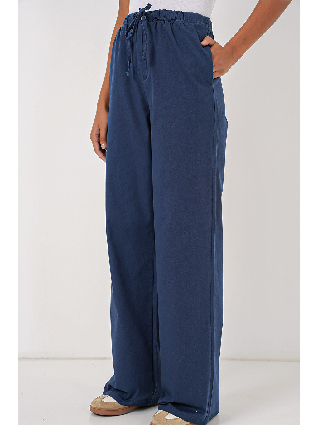 6690 Kadın Bol Paça Yüksek Bel Pantolon - İndigo-1