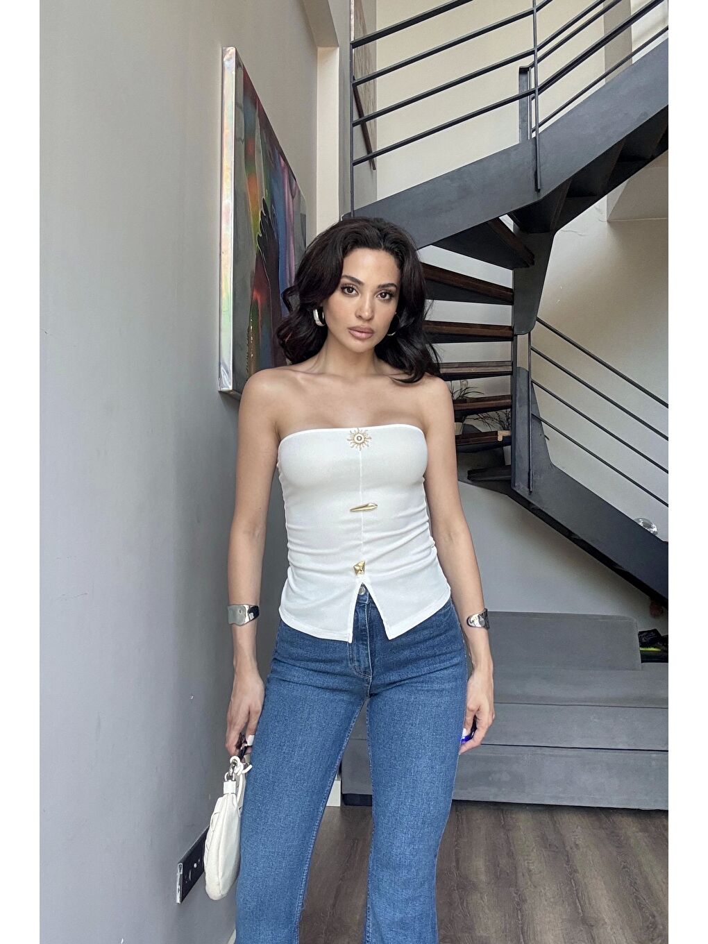 Kadın Beyaz Aksesuarlı Crop 13684-4