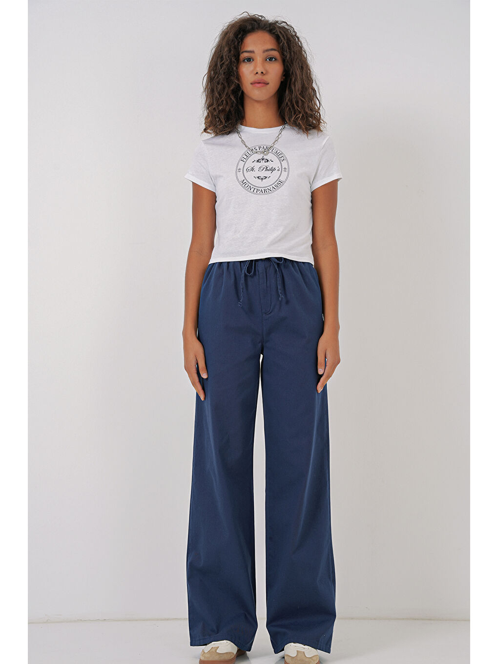 6690 Kadın Bol Paça Yüksek Bel Pantolon - İndigo-2