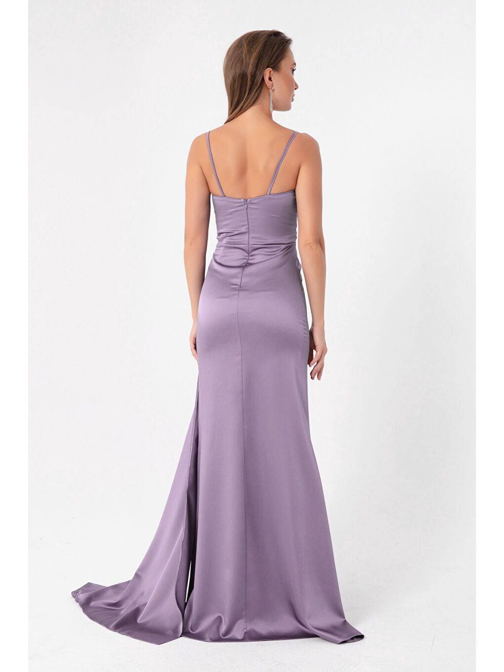 Kadın Lila Askılı Uzun Saten Abiye Elbise & Mezuniyet Elbisesi-4