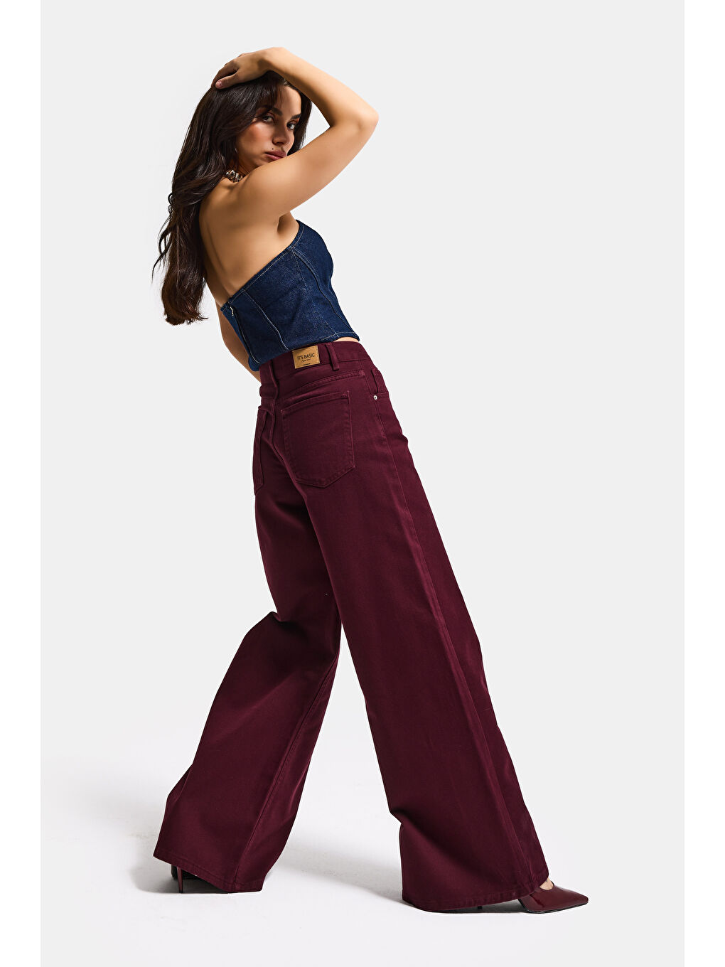Kadın Bordo Renk Hera 7s6-35 Palazzo Fit %100 Pamuk Denim Jean-1