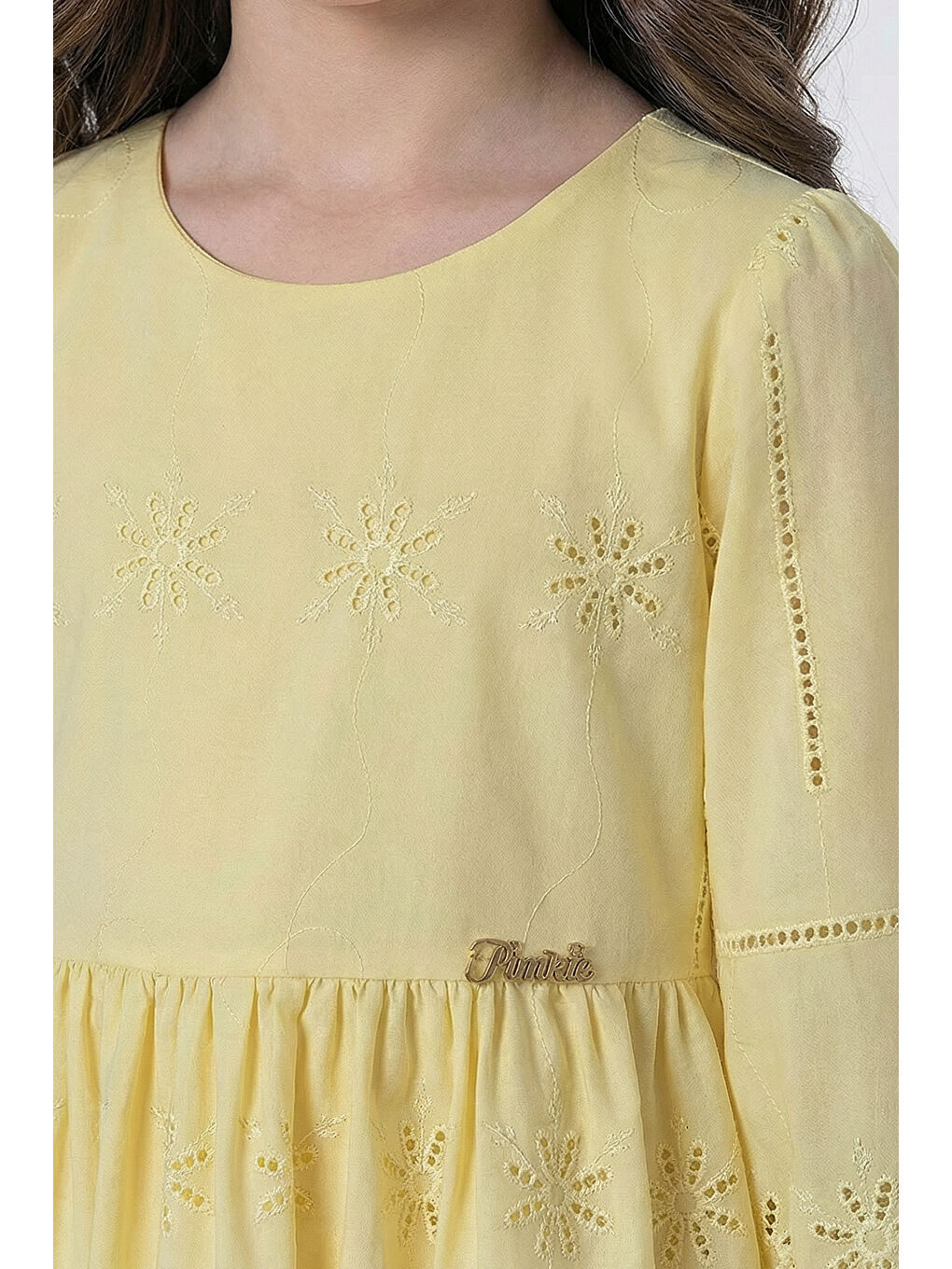 Sarı Kız Çocuk Omzu Fiyonk Detaylı Uzun Kollu Fisto Elbise-5