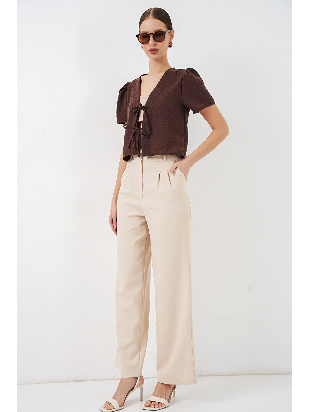 Kadın Kısa Kol Crop Bluz 958 - Kahverengi-1