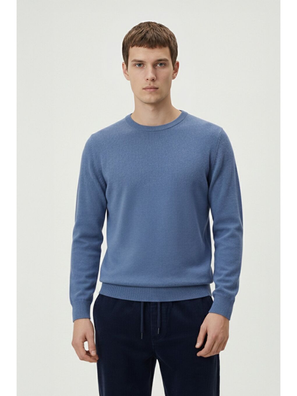 Standart Fit Bebe Mavi Yün Karışımlı Bisiklet Yaka Düz Desen Triko Kazak-1