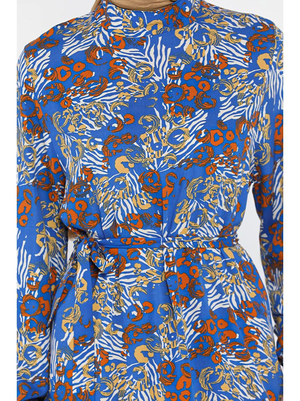 Turuncu Kuşaklı Desenli Tesettür Elbise-7