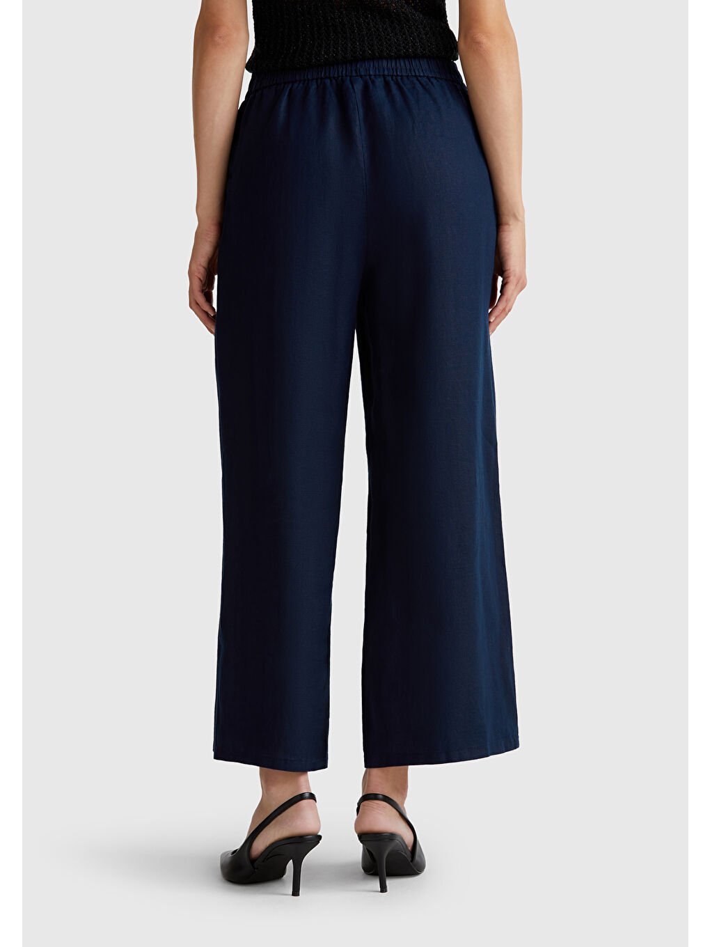 Kadın Lacivert %100 Keten Beli Lastikli Bol Kısa Paça Pantolon-2