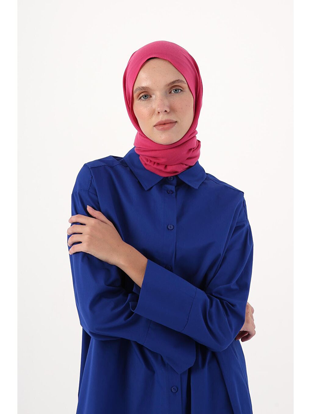 Mavi Saks %100 Pamuk Yırtmaçlı Uzun Gömlek Tunik