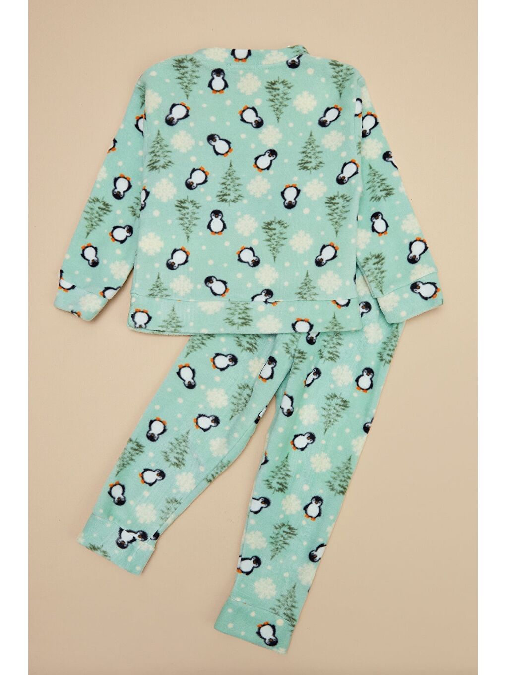 Yeşil Penguen Desenli Polar Unisex Çocuk Pijama Takımı-3