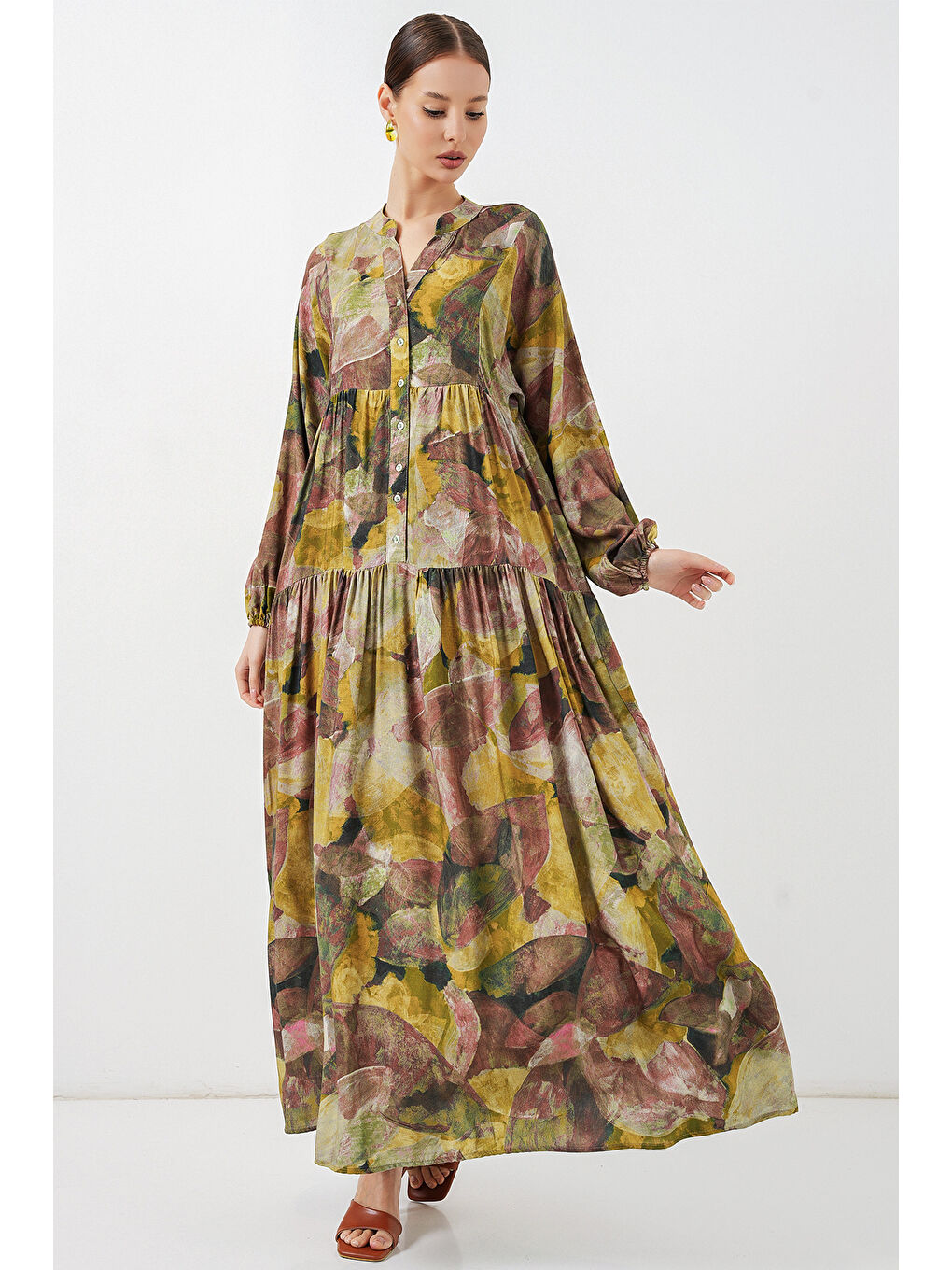 Kadın Desenli Uzun Tesettür Elbise 2585 - A.Yeşil