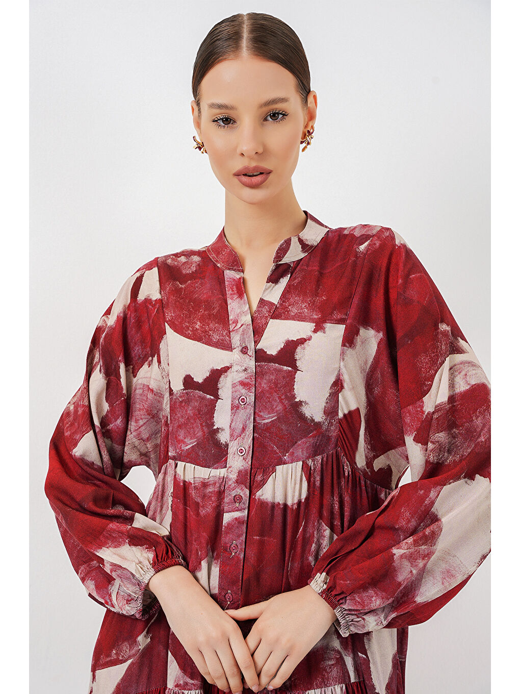 Kadın Desenli Uzun Tesettür Elbise 2585 - D. Bordo-1