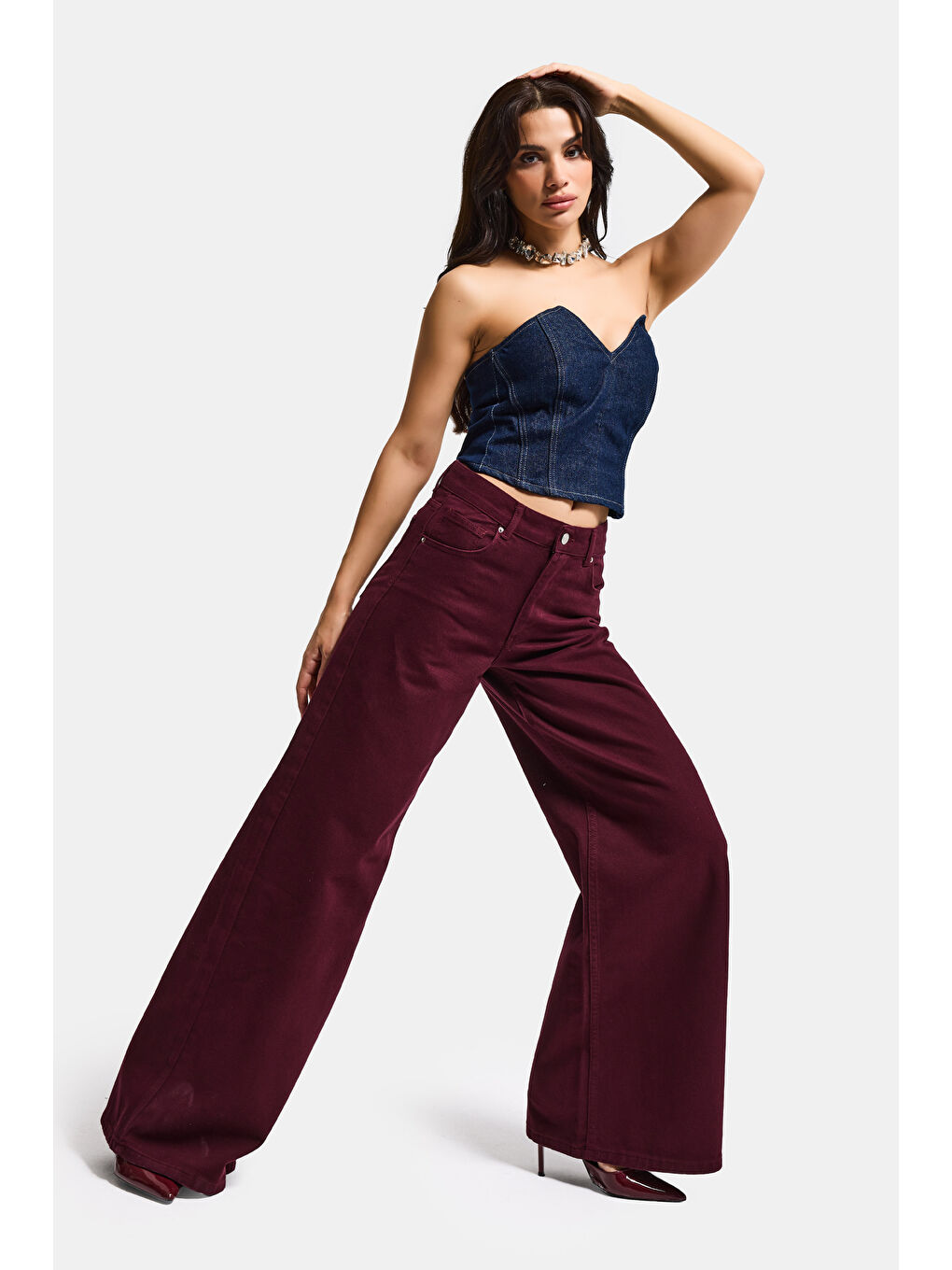 Kadın Bordo Renk Hera 7s6-35 Palazzo Fit %100 Pamuk Denim Jean-3