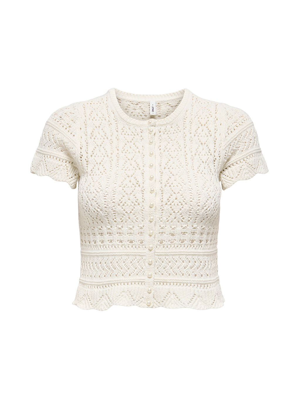 Ekru Onlelke Pamuklu Cropped Fit İnci Süslemeli Bisiklet Yaka Kadın Triko 15363050-5