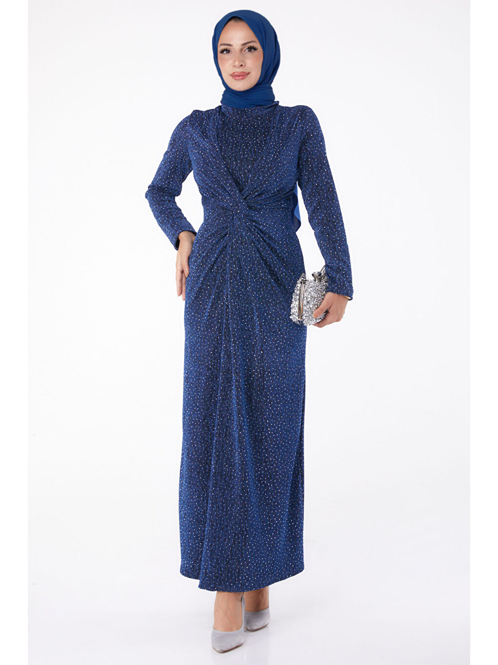 Mavi Büzgülü Abiye Elbise Saks - 26273