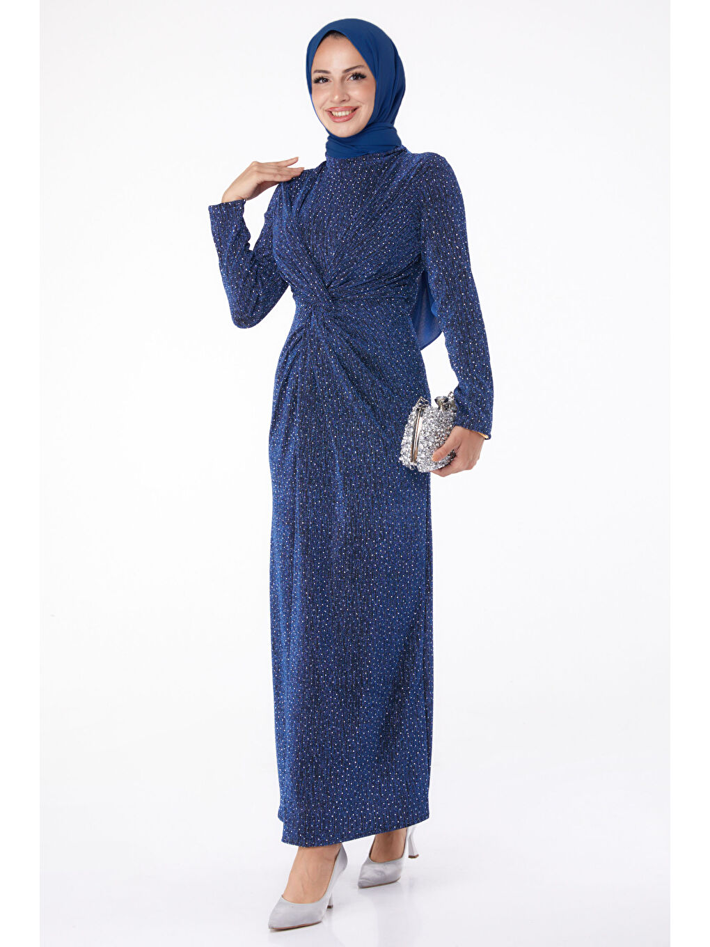 Mavi Büzgülü Abiye Elbise Saks - 26273-1