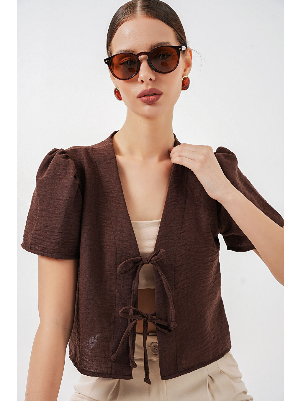 Kadın Kısa Kol Crop Bluz 958 - Kahverengi-3