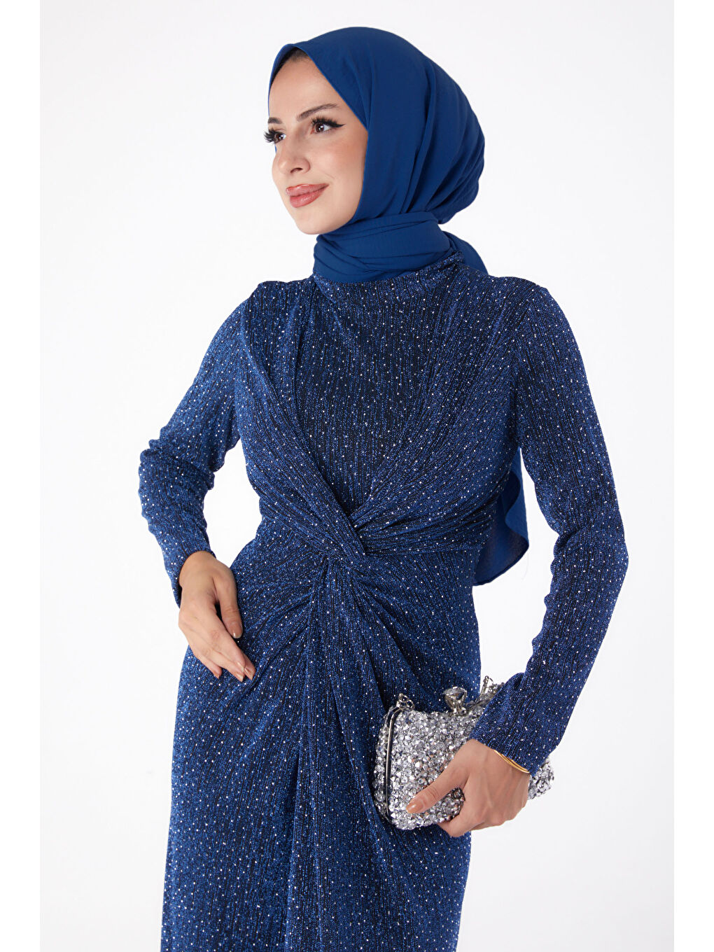 Mavi Büzgülü Abiye Elbise Saks - 26273-2