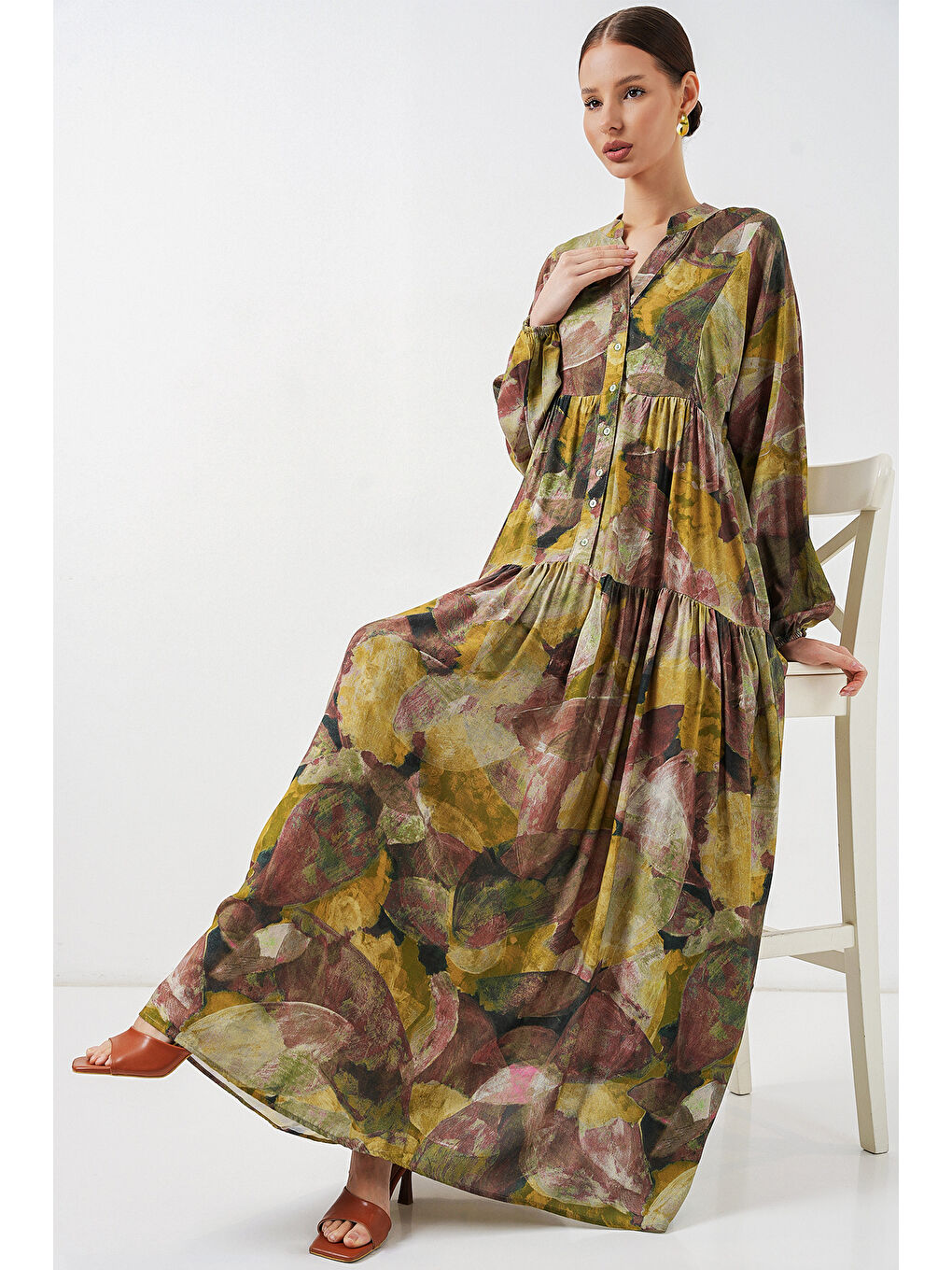 Kadın Desenli Uzun Tesettür Elbise 2585 - A.Yeşil-1