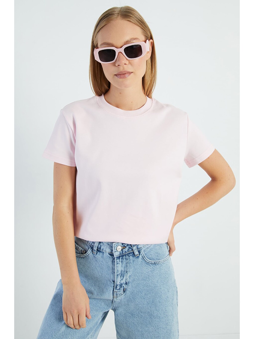 Pembe Basic Bisiklet Yaka Salaş Tişört-4