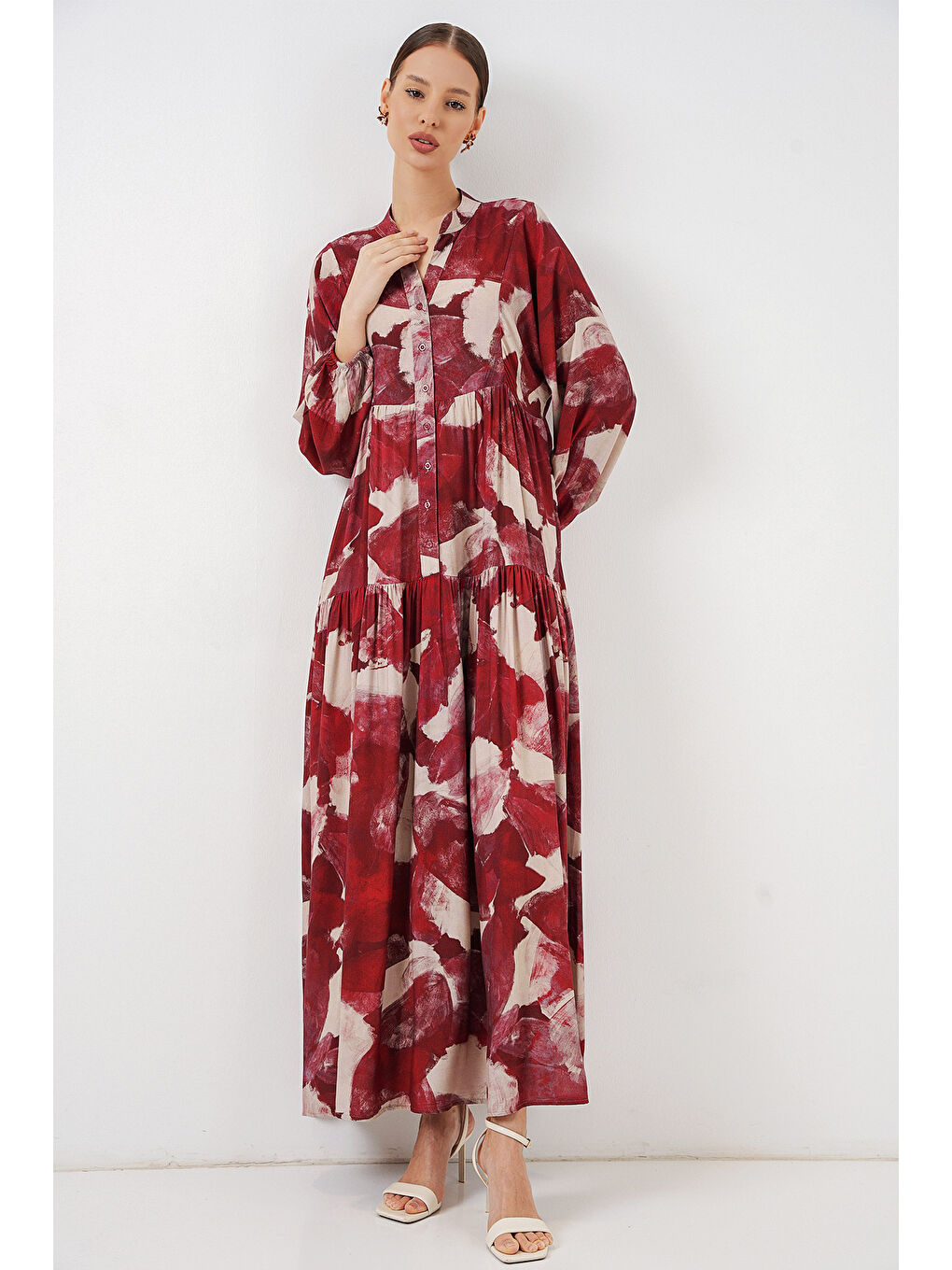 Kadın Desenli Uzun Tesettür Elbise 2585 - D. Bordo-2