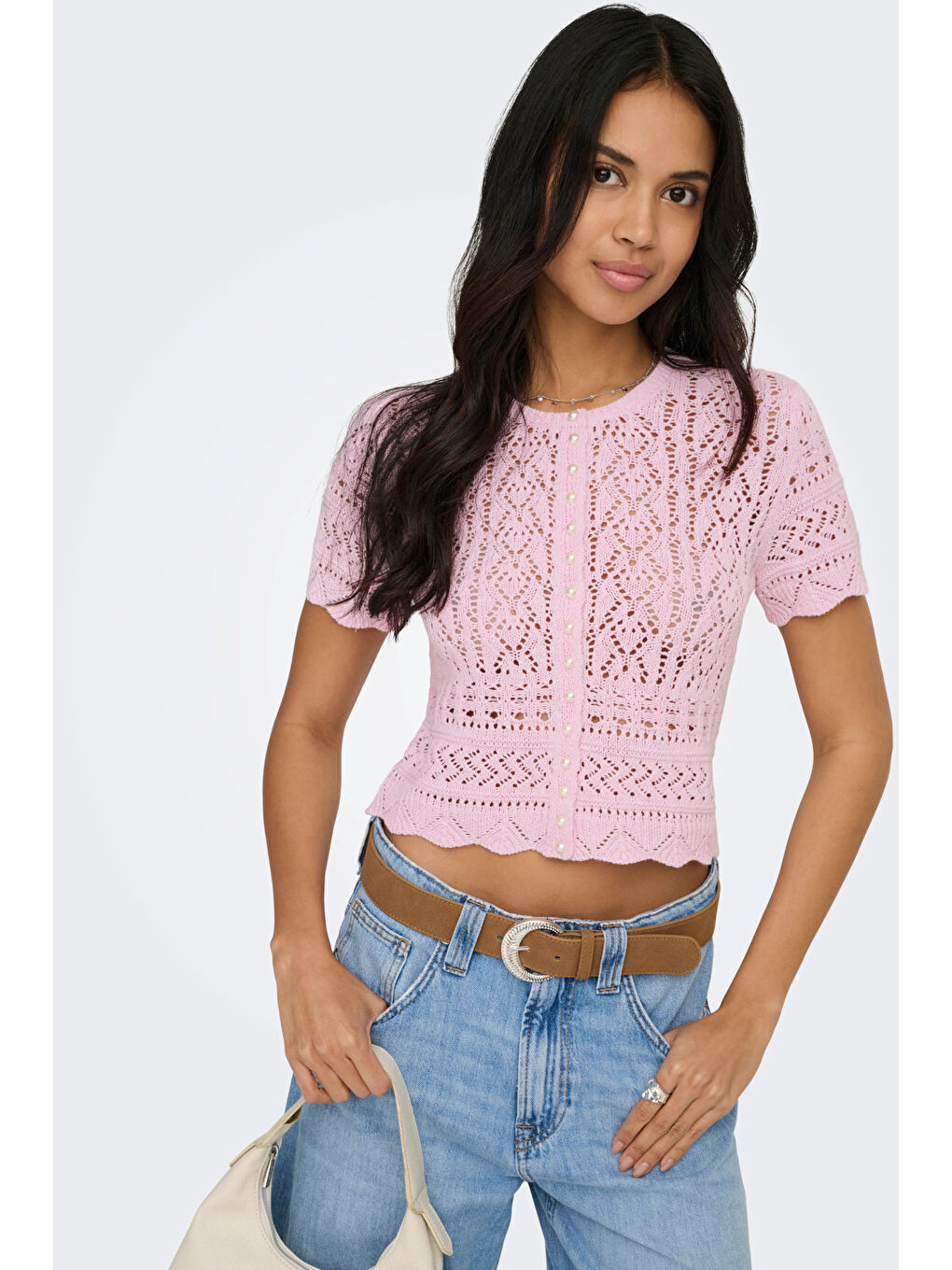 Pembe Onlelke Pamuklu Cropped Fit İnci Süslemeli Bisiklet Yaka Kadın Triko 15363050-2