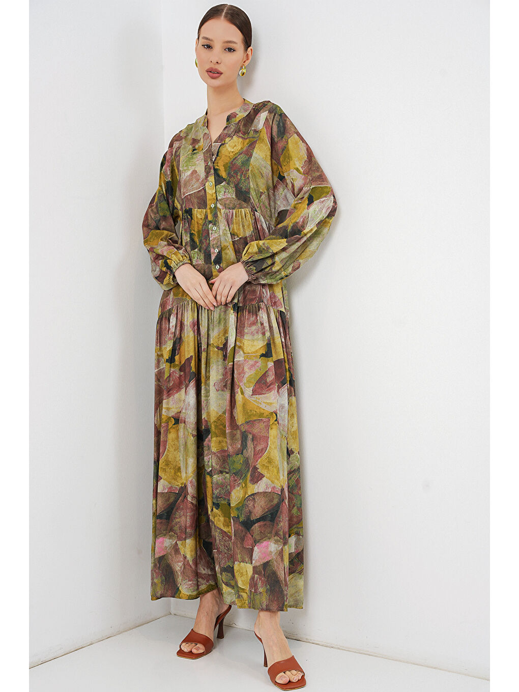 Kadın Desenli Uzun Tesettür Elbise 2585 - A.Yeşil-2