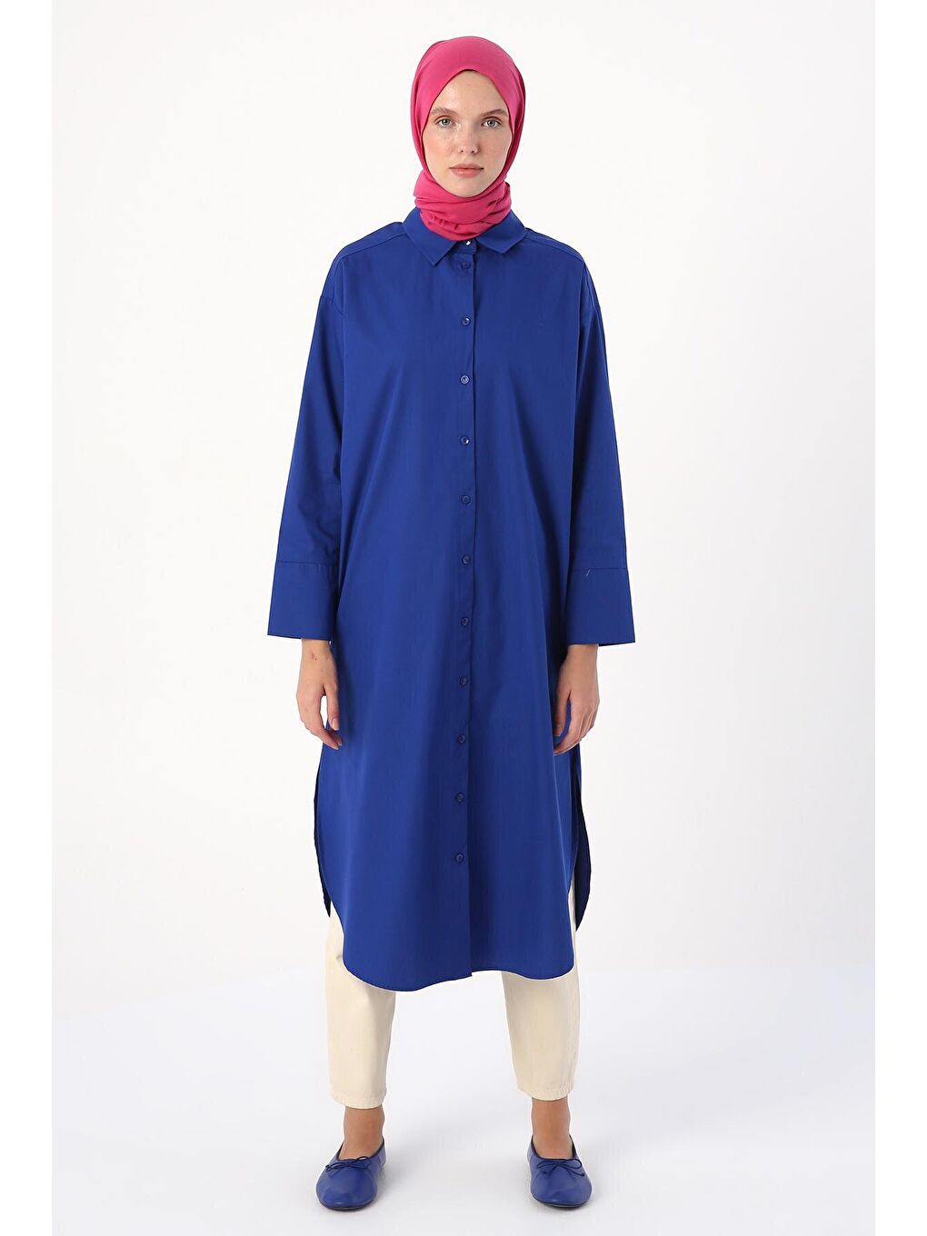 Mavi Saks %100 Pamuk Yırtmaçlı Uzun Gömlek Tunik-1