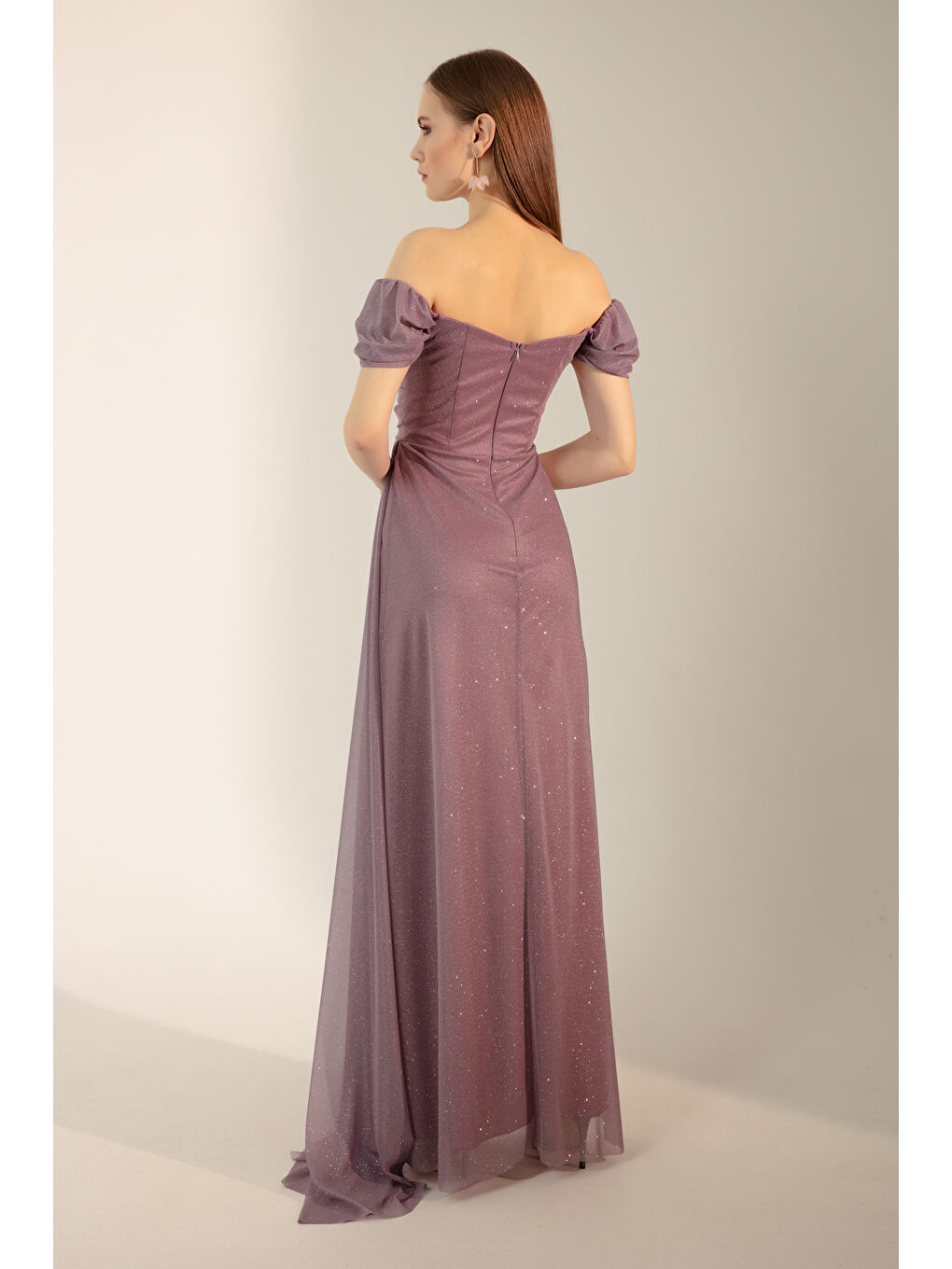 Pembe Kadın Pudra Kayık Yaka Drapeli Yırtmaçlı Uzun Simli Abiye Elbise-4