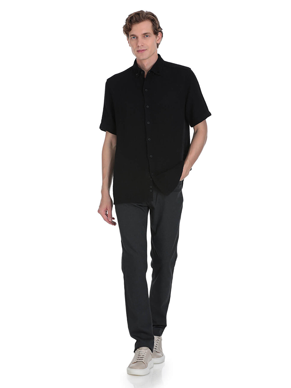 Siyah Comfort Fit Düğmeli Yaka 100% Pamuk Kısa Kollu Casual Gömlek-1