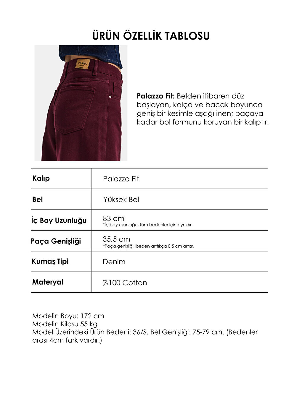 Kadın Bordo Renk Hera 7s6-35 Palazzo Fit %100 Pamuk Denim Jean-4