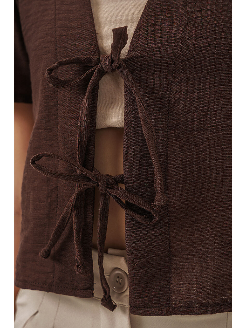 Kadın Kısa Kol Crop Bluz 958 - Kahverengi-4