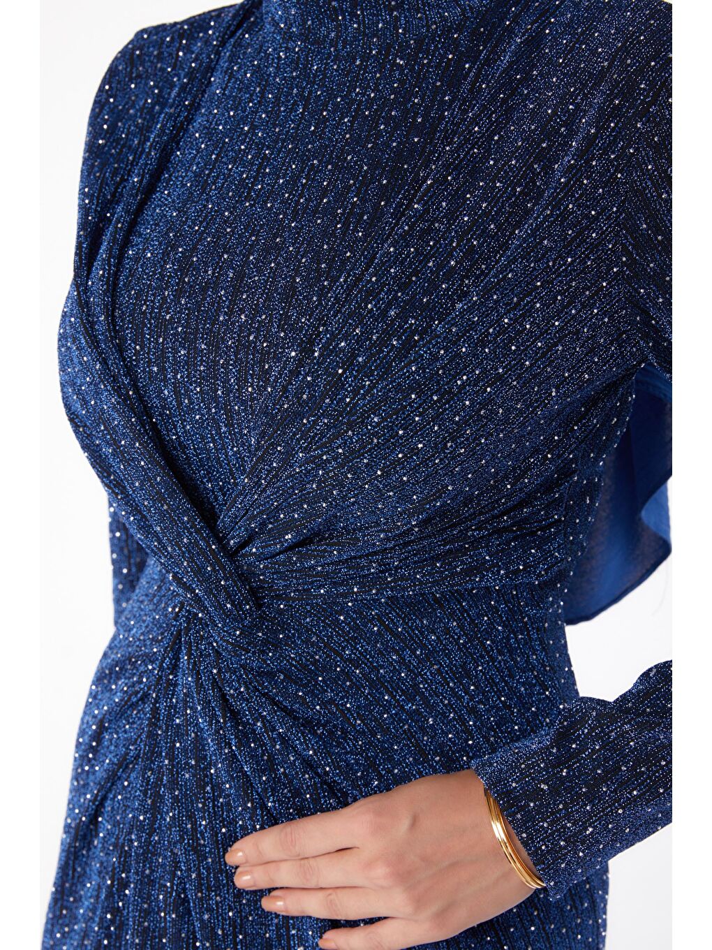 Mavi Büzgülü Abiye Elbise Saks - 26273-5