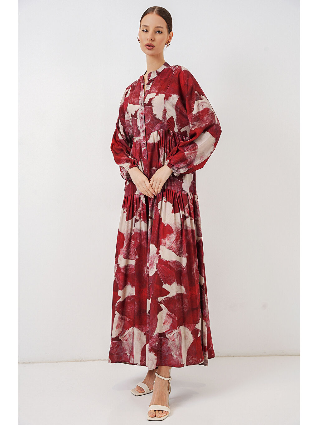 Kadın Desenli Uzun Tesettür Elbise 2585 - D. Bordo-3