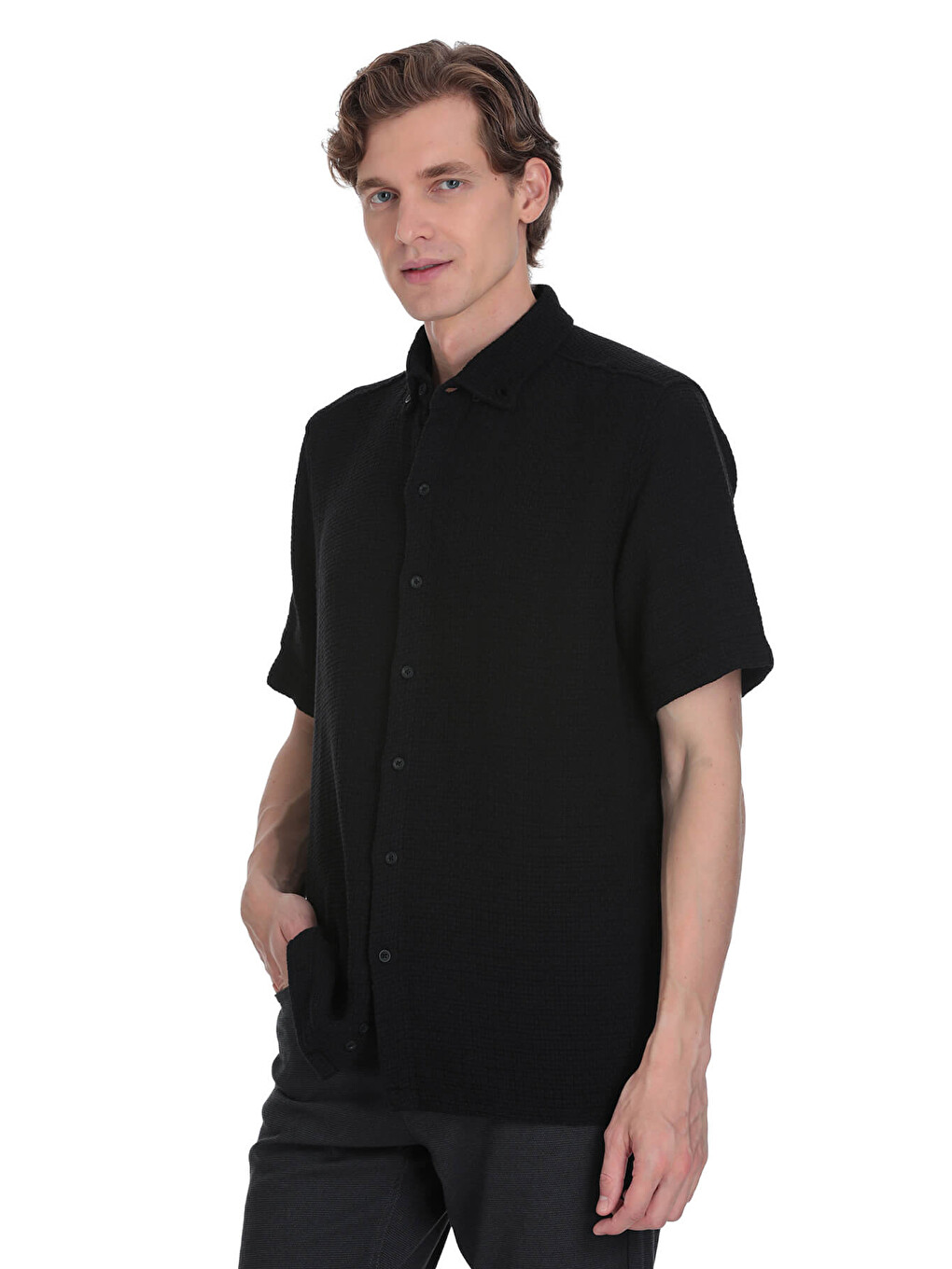 Siyah Comfort Fit Düğmeli Yaka 100% Pamuk Kısa Kollu Casual Gömlek-2