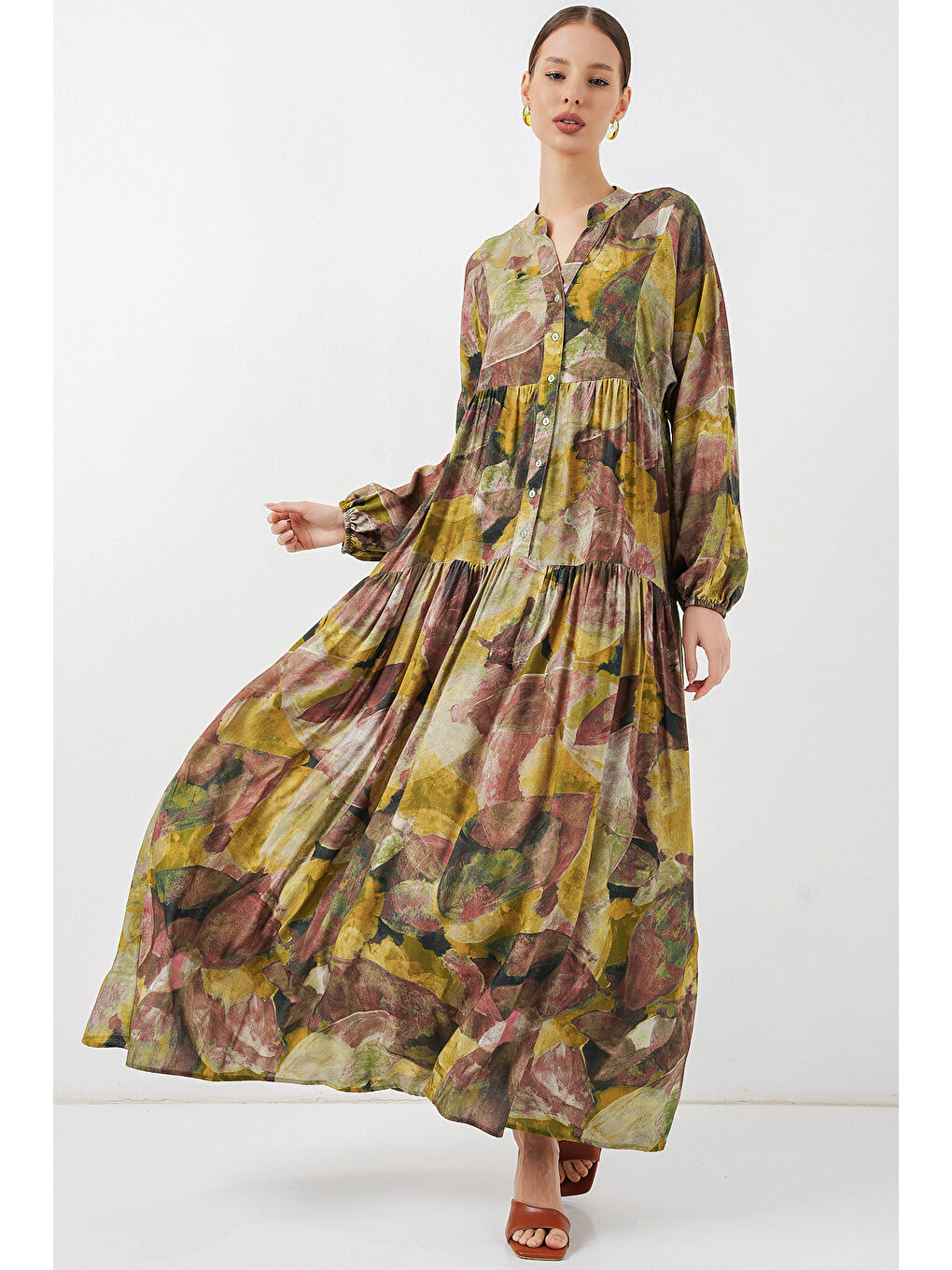 Kadın Desenli Uzun Tesettür Elbise 2585 - A.Yeşil-3