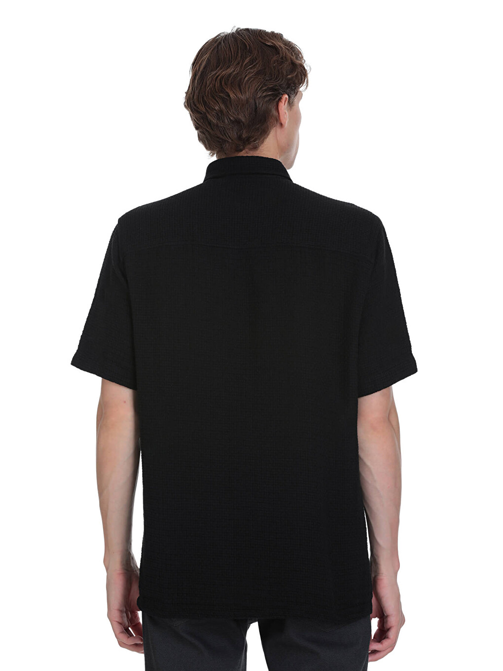 Siyah Comfort Fit Düğmeli Yaka 100% Pamuk Kısa Kollu Casual Gömlek-3