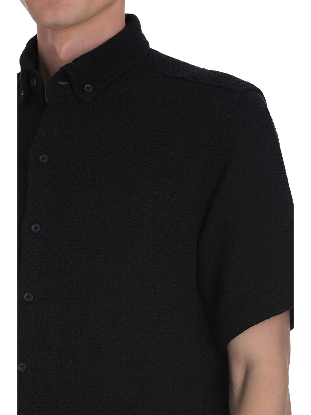 Siyah Comfort Fit Düğmeli Yaka 100% Pamuk Kısa Kollu Casual Gömlek-4