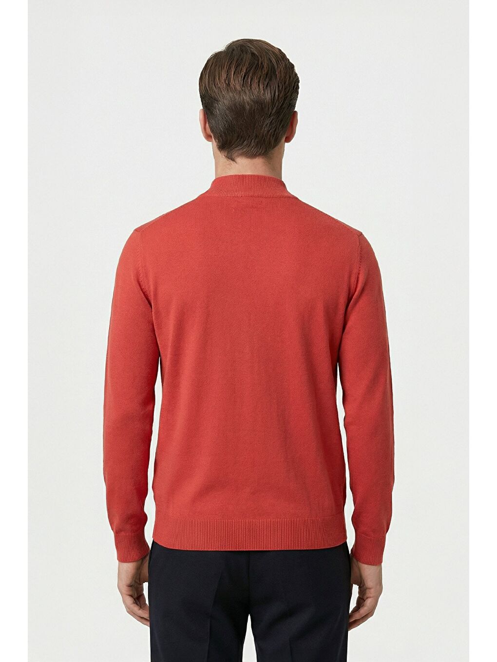 Kırmızı Standart Fit Nar Çiçeği Yün Karışımlı Yarım Balıkçı Yaka Düz Desen Triko Kazak-3