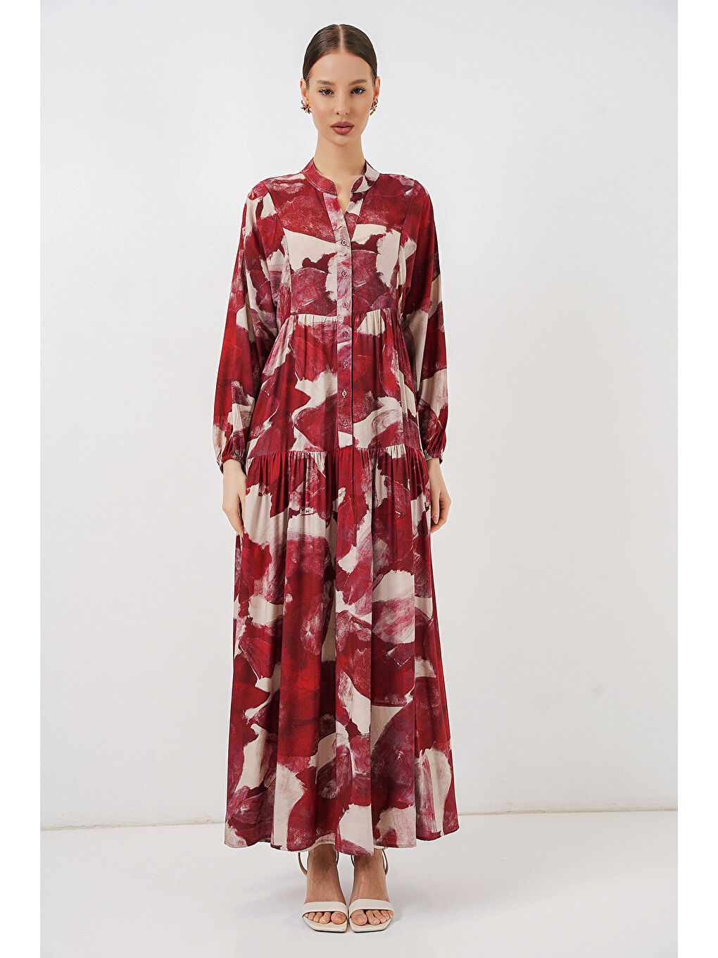 Kadın Desenli Uzun Tesettür Elbise 2585 - D. Bordo-4