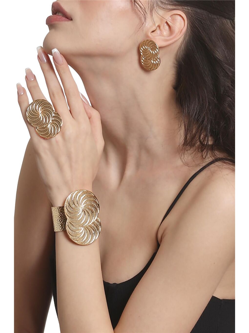 Sarı Kadın Lak Kaplama Spiral Baskılı Tasarım Küpe &Yüzük &Bilekik Set-1