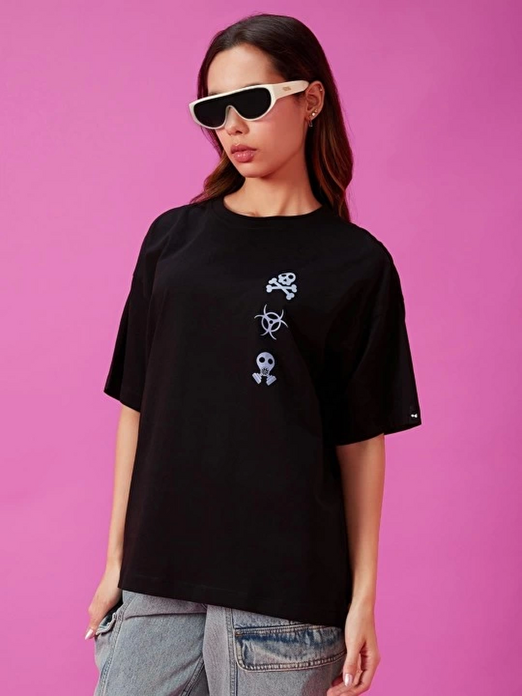 Baskılı Oversize T-shirt - Siyah-2