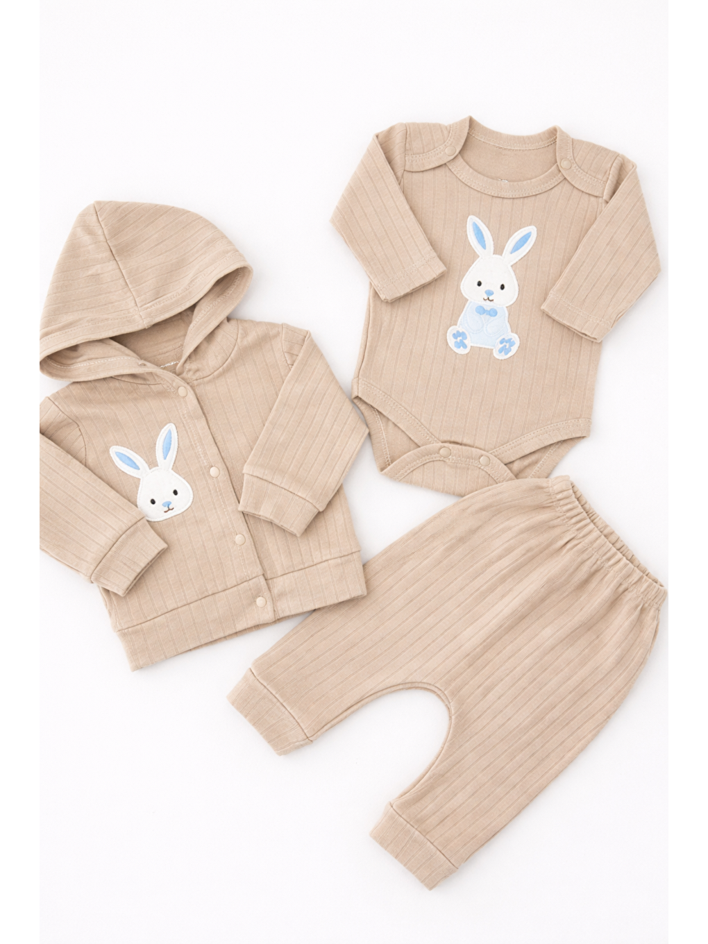 Kahverengi Erkek Bebek 3lü Hırkalı Kapüşonlu Takım Tavşan Nakışlı Pamuklu-1