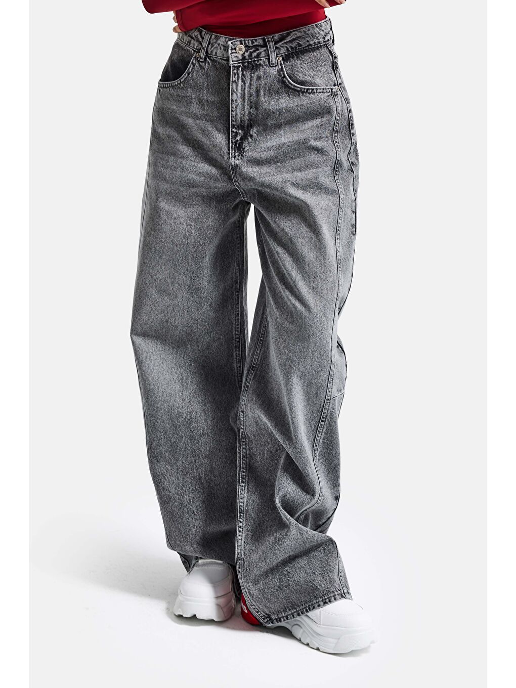 Kadın Gri Renk 4s6-13 Mega Baggy Fit Paça ve Cep Detaylı Özel Tasarım Denim Jean-4