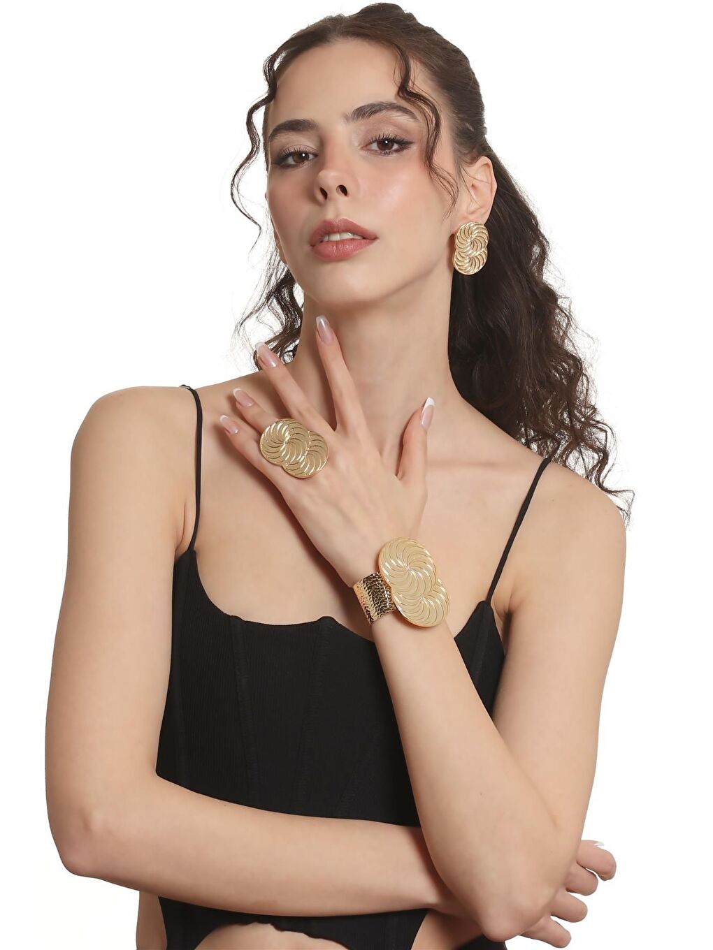 Sarı Kadın Lak Kaplama Spiral Baskılı Tasarım Küpe &Yüzük &Bilekik Set-2