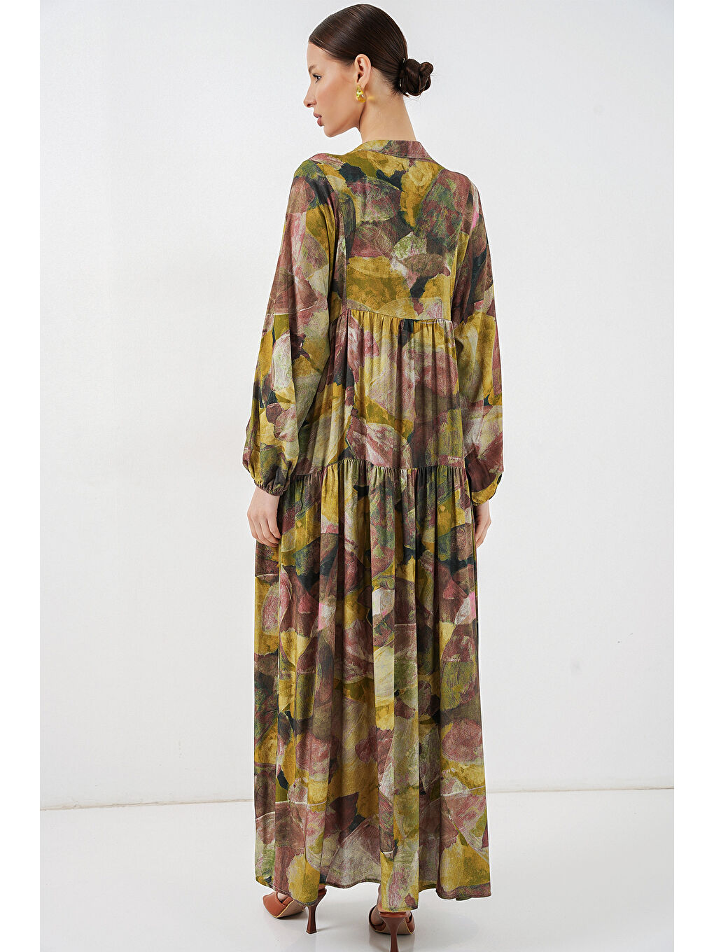 Kadın Desenli Uzun Tesettür Elbise 2585 - A.Yeşil-6