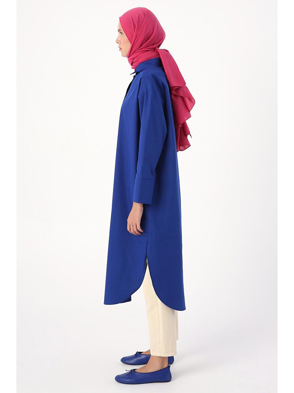 Mavi Saks %100 Pamuk Yırtmaçlı Uzun Gömlek Tunik-2