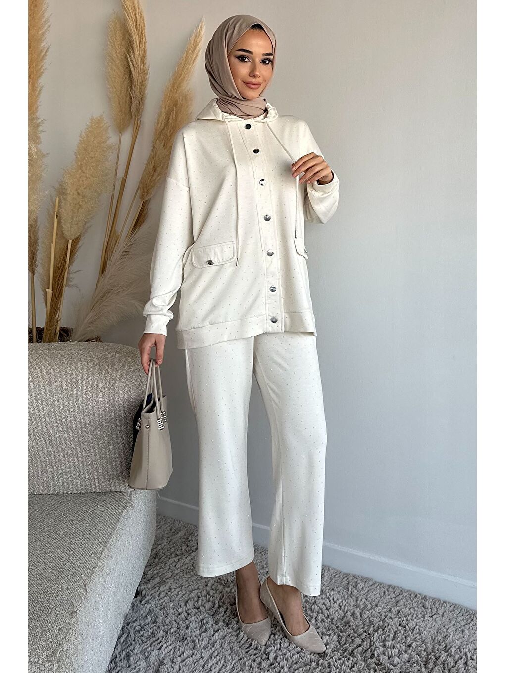 Ekru Kapüşonlu Taşlı Hırka Pantolon Tesettür İkili Takım-3