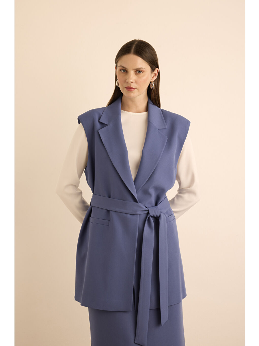 Lacivert Yanları Yırtmaçlı Dokuma Yelek-1