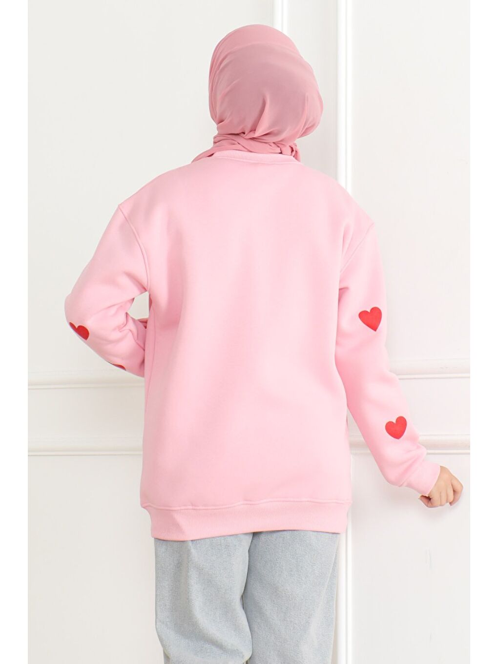 Kadın Üç İplik Bisiklet Yaka Kalpli Sweatshirt Pembe - 26659-3